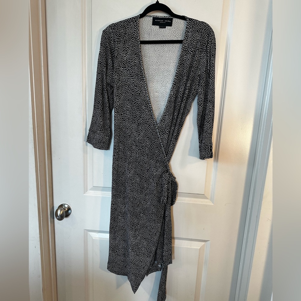 August Silk Black & White Polka Dot 100% Silk Wrap Dress, Small